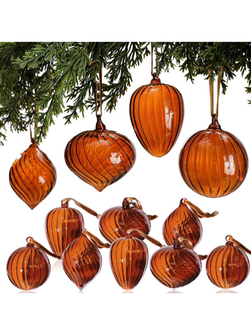 12 Pcs Large Amber Glass Christmas Ball Ornaments - Festive Holiday Decor